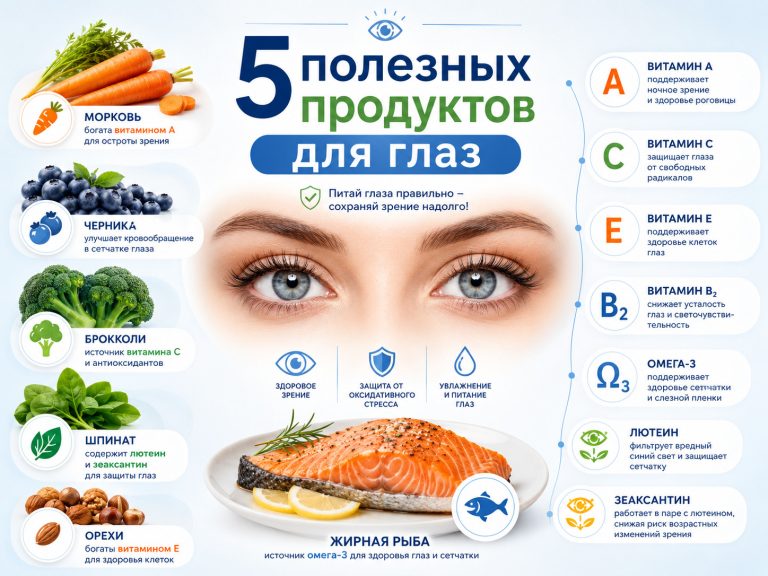 медицинская инфографика, здоровые глаза, продукты для зрения: морковь, черника, брокколи, шпинат, орехи, жирная рыба, иконки витаминов A, C, E, B2, омега-3, лютеин и зеаксантин