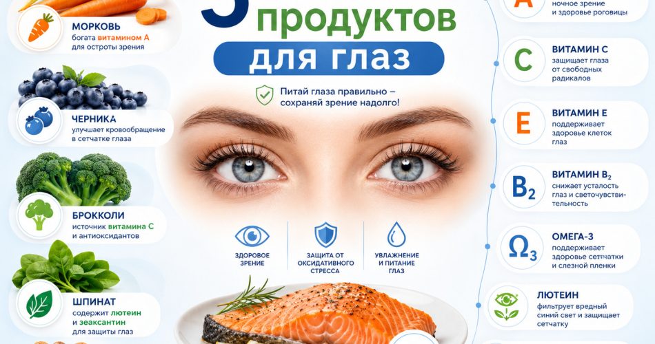 медицинская инфографика, здоровые глаза, продукты для зрения: морковь, черника, брокколи, шпинат, орехи, жирная рыба, иконки витаминов A, C, E, B2, омега-3, лютеин и зеаксантин