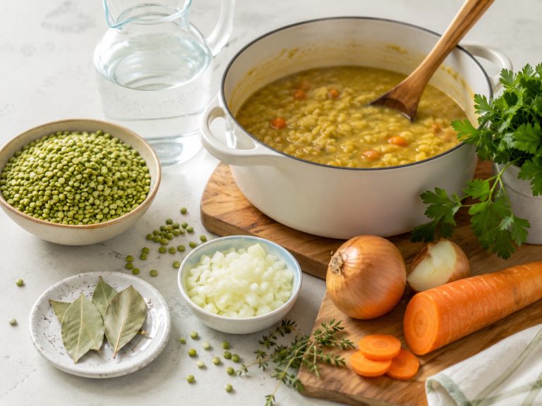 сухой колотый горох, кастрюля с готовящейся кашей, вода, лавровый лист, морковь, лук и зелень на чистой кухонной поверхности