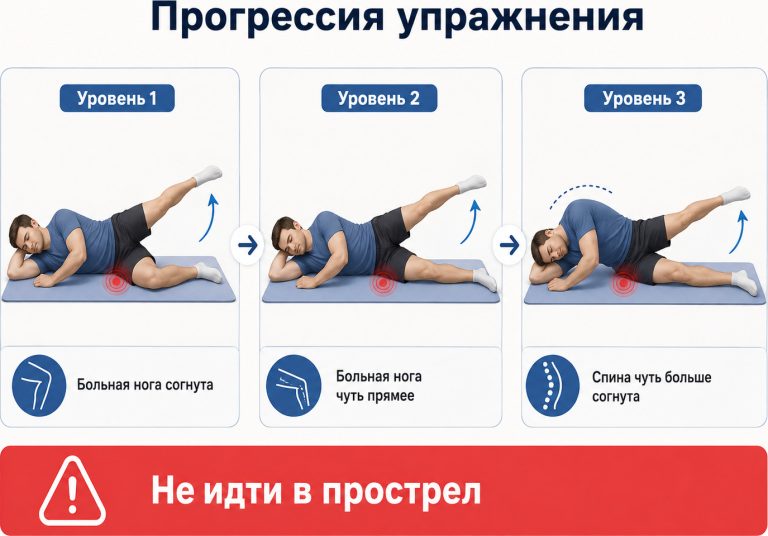 уровень 1 — больная нога согнута, уровень 2 — больная нога чуть прямее, уровень 3 — спина чуть больше согнута. Красная зона: