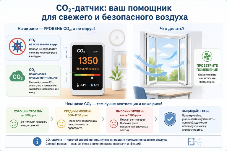 инфографика, CO₂-датчик в офисе или классе, на экране повышенный уровень CO₂,
рядом открытое окно и стрелки проветривания, подписи:
«CO₂ не показывает вирус», «CO₂ показывает плохую вентиляцию»