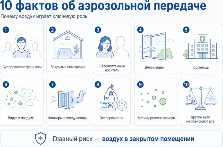 лаконичная медицинская инфографика, 10 коротких карточек: суперраспространители, закрытые помещения, бессимптомные носители, вентиляция, больницы, вирус в воздухе, фильтры, эксперименты, частицы разного размера,