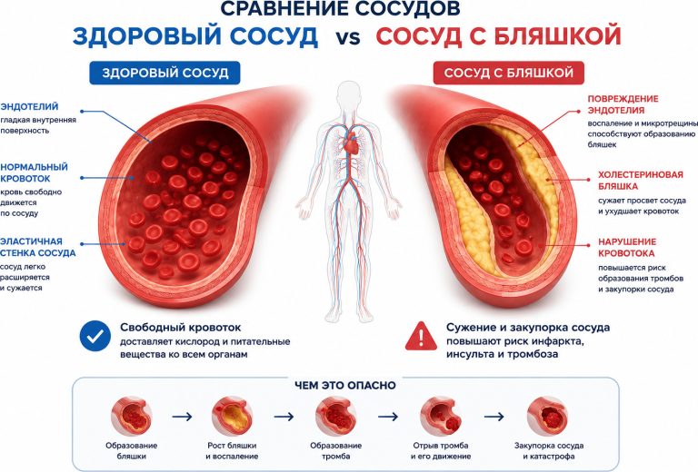 Сравнение здорового сосуда и сосуда с холестериновой бляшкой