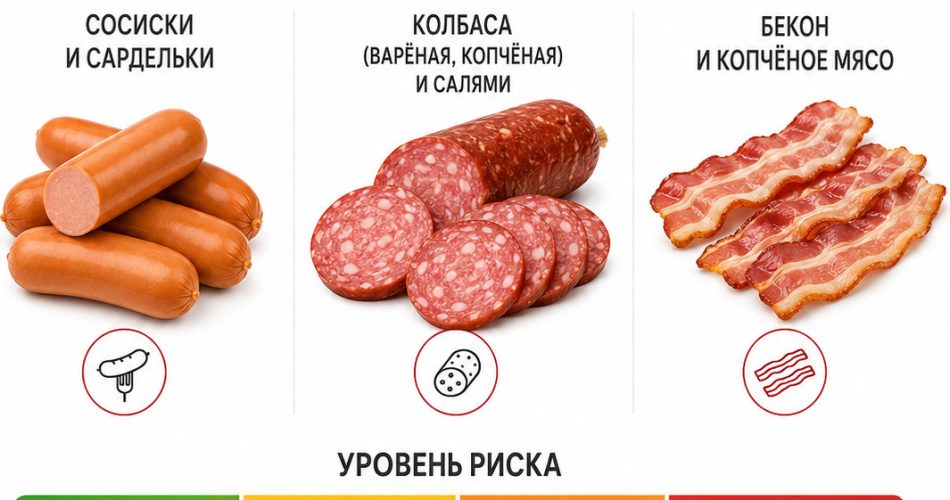 медицинская инфографика, переработанное мясо (сосиски, колбаса, бекон), шкала риска от зелёного к красному, отметка “IARC Group 1 carcinogen”, стиль ВОЗ, минимализм, белый фон, русский язык
