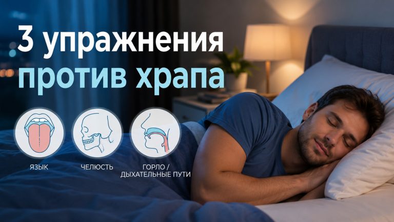 «3 упражнения против храпа», спокойная спальня, человек спит на боку, рядом схематичные иконки языка, челюсти и горла