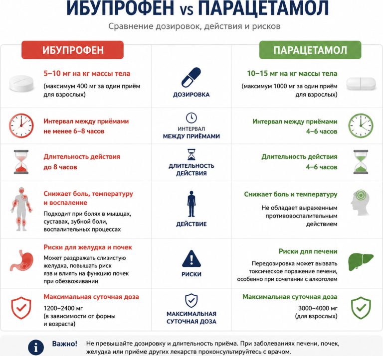таблица медицинской инфографики,
ибупрофен vs парацетамол,
дозировка, длительность действия, риски,
иконки часов, таблеток, печени, желудка,
чистый белый фон, русский язык
