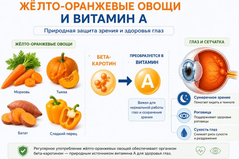 морковь, тыква, батат, сладкий перец, стрелка «бета-каротин → витамин A», глаз и сетчатка, подписи: «Сумеречное зрение», «Роговица», «Сухость глаз»