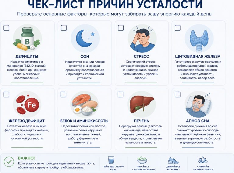 лаконичная медицинская инфографика, чек-лист причин усталости:
дефициты, сон, стресс, щитовидная железа, железо, белок, печень, апноэ сна