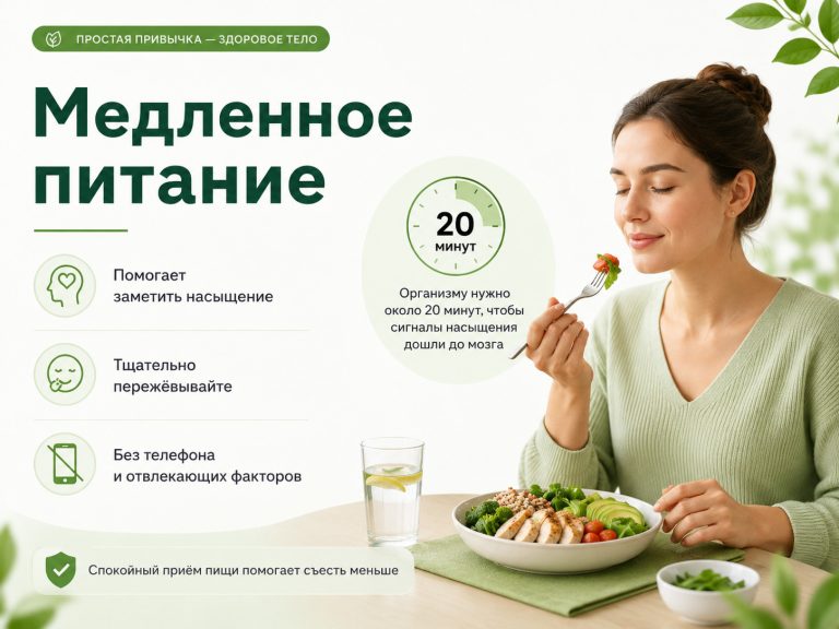 Инфографика в чистом медицинском стиле, человек спокойно ест за столом, рядом часы с отметкой 20 минут, иконки: «медленно», «жевать тщательно