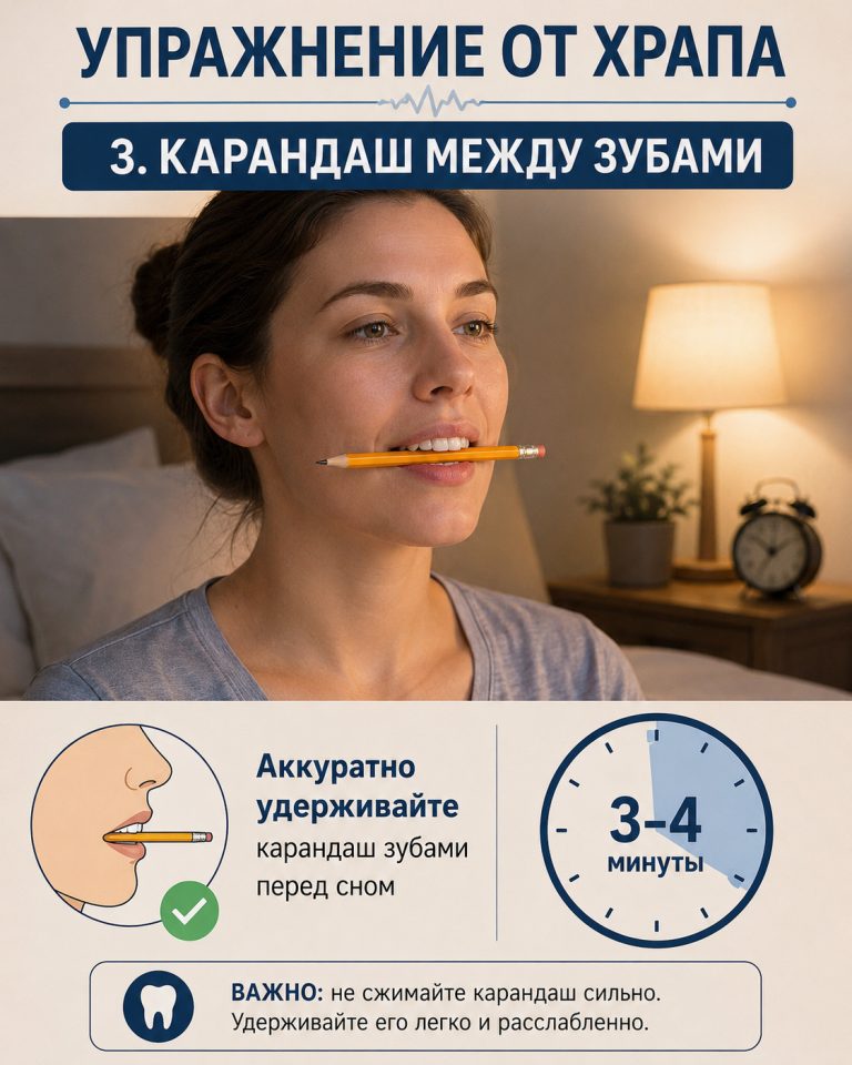иллюстрация упражнения против храпа №3, человек аккуратно удерживает карандаш зубами перед сном