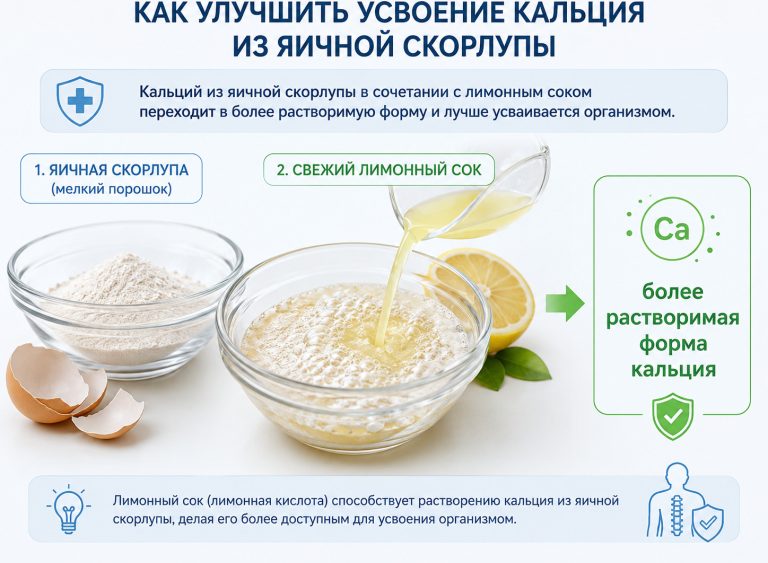 порошок яичной скорлупы в стеклянной миске, рядом лимонный сок, пузырьки реакции, стрелка к подписи «более растворимая форма кальция»