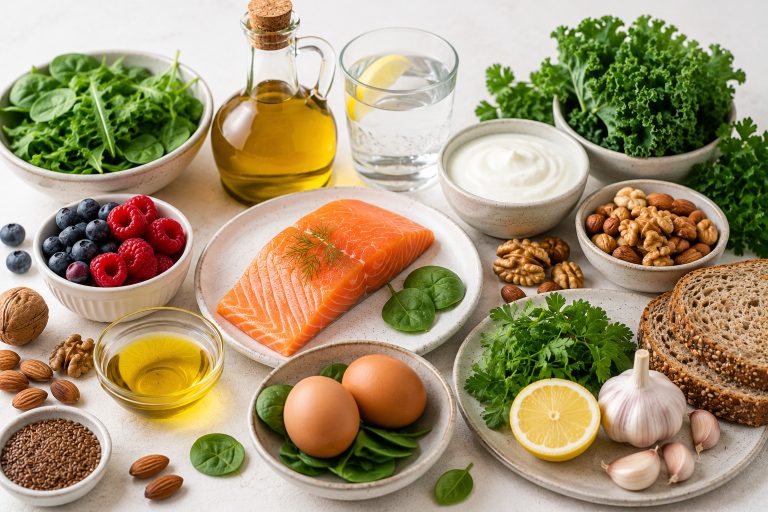 продукты для кожи и костей: оливковое масло, йогурт, зелень, рыба, яйца, орехи, ягоды и стакан воды