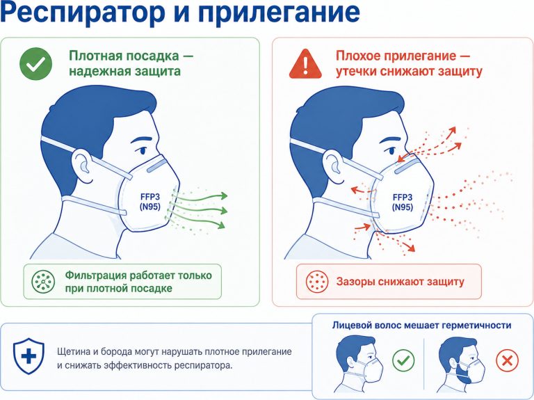 медицинская инфографика, респиратор FFP3 или N95 на лице, показаны правильное плотное прилегание и неправильное прилегание с зазорами, отдельная маленькая схема: борода мешает герметичности, подписи: «Фильтрация работает только при плотной посадке», «Зазоры снижают защиту»