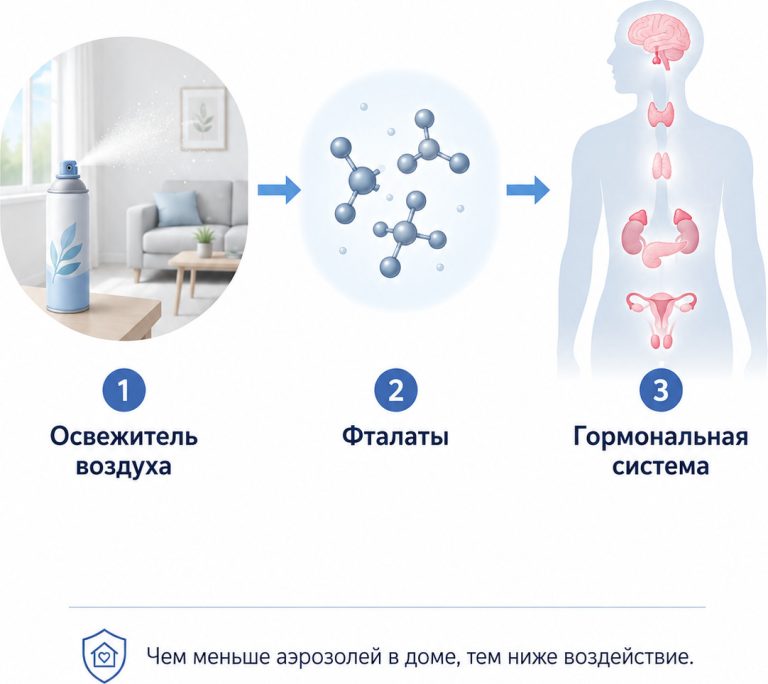 аэрозоль в комнате → молекулы → гормональная система, минималистичная медицинская схема