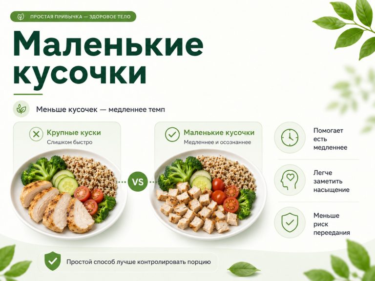 Инфографика сравнения, слева крупные куски еды, справа та же еда нарезана маленькими аккуратными кусочками, подпись: «Меньше кусочек — медленнее темп