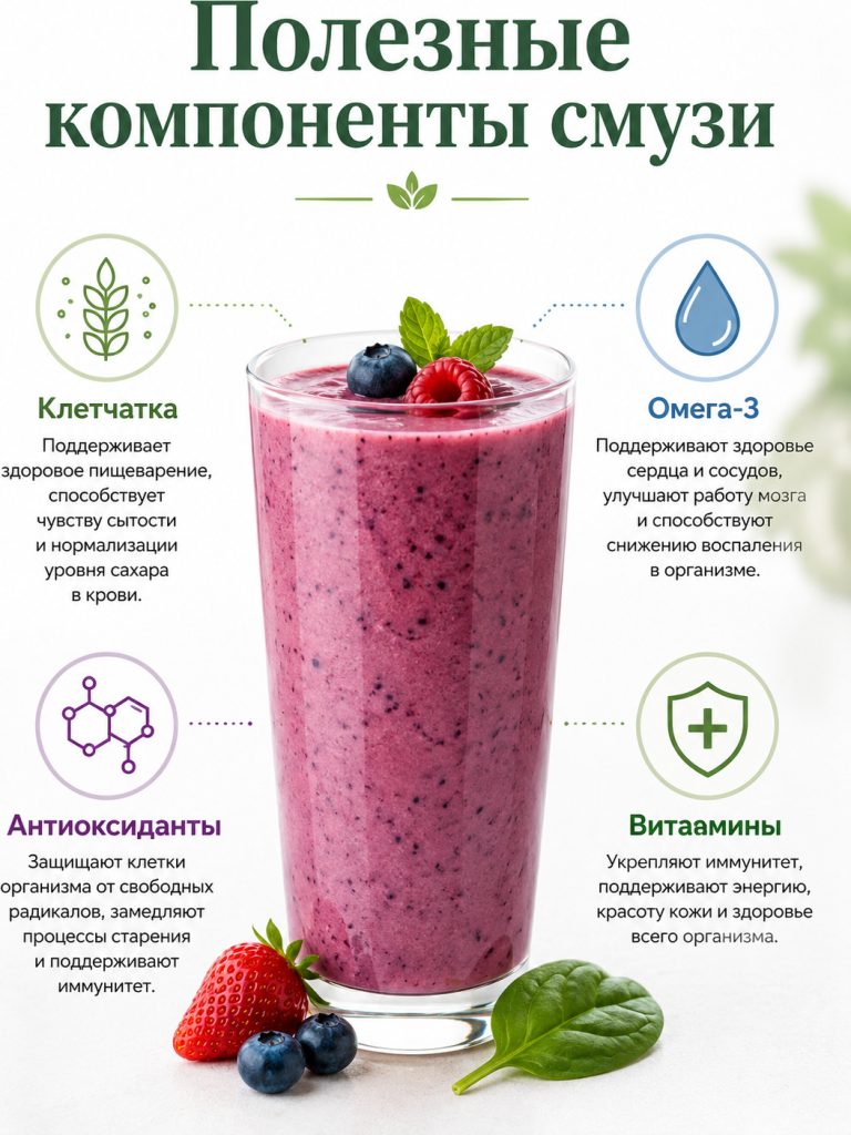 инфографика, смузи + иконки: клетчатка, омега-3, антиоксиданты, витамины, чистый медицинский стиль