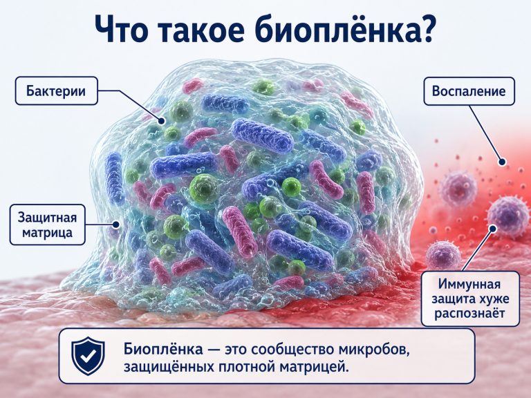 микробы внутри защитной матрицы,

        подписи “бактерии”, “защитная матрица”, “воспаление”, “иммунная защита хуже распознаёт