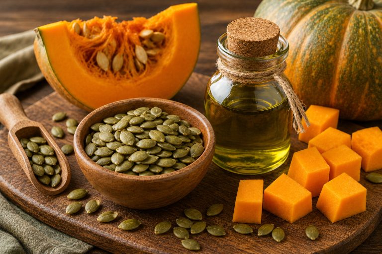 тыквенные семечки, масло тыквенных семян и кусочки тыквы на деревянной доске