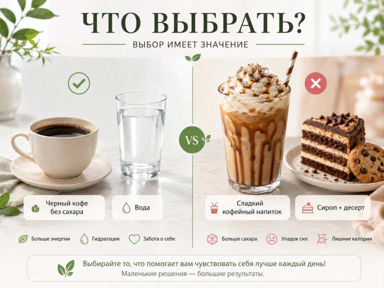 два варианта кофе, слева черный кофе без сахара рядом с водой, справа сладкий кофейный напиток с сиропом и десертом, акцент на выбор