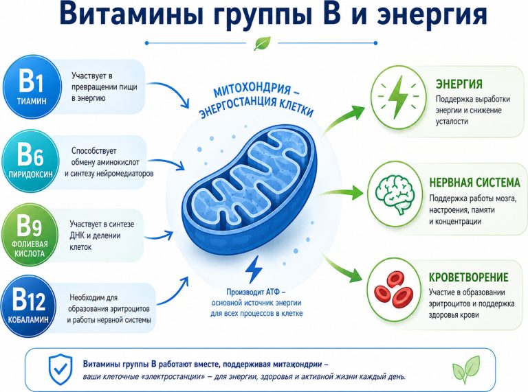 медицинская инфографика, митохондрия как энергетическая станция клетки,
рядом витамины B1, B6, B9, B12, стрелки к энергии, нервной системе и крови