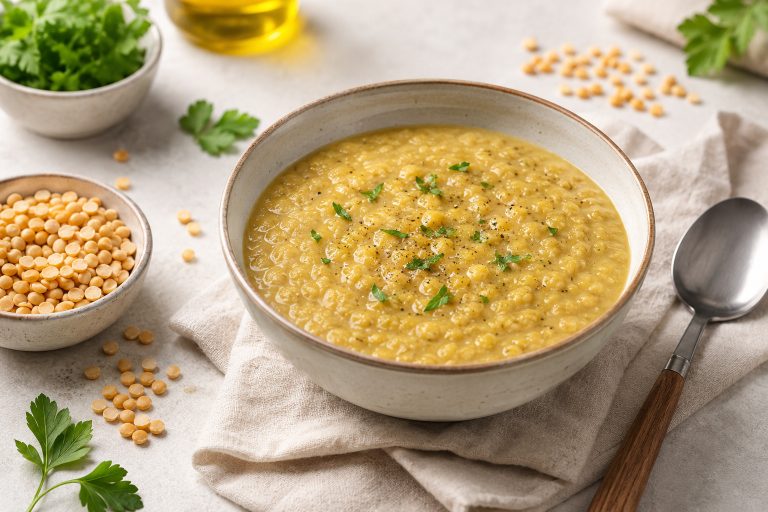 реалистичная clean food photography композиция без текста: тарелка густой гороховой каши на светлом столе, рядом сухой колотый горох, зелень, ложка