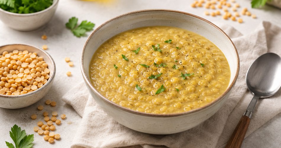 реалистичная clean food photography композиция без текста: тарелка густой гороховой каши на светлом столе, рядом сухой колотый горох, зелень, ложка