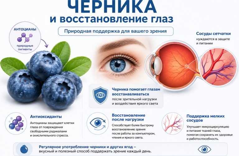черника крупным планом, глаз, сосуды сетчатки, антоцианы, подписи: «Антиоксиданты», «Восстановление после нагрузки», «Поддержка мелких сосудов»