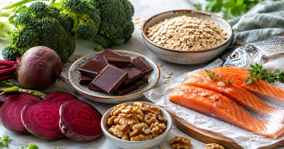 «6 продуктов долгожителей», на светлом столе брокколи, овсянка, тёмный шоколад, свёкла, грецкие орехи и морская рыба