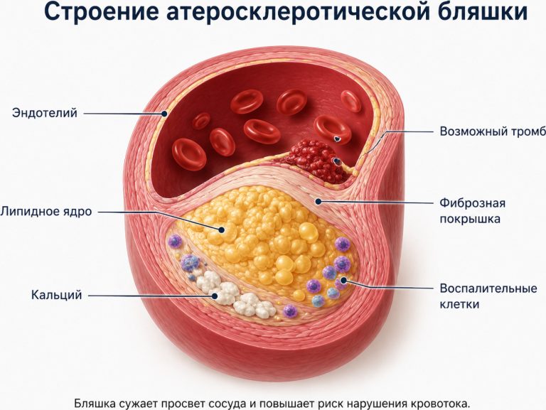 строение атеросклеротической бляшки”: эндотелий, липидное ядро, кальций, фиброзная покрышка, воспалительные клетки, возможный тромб