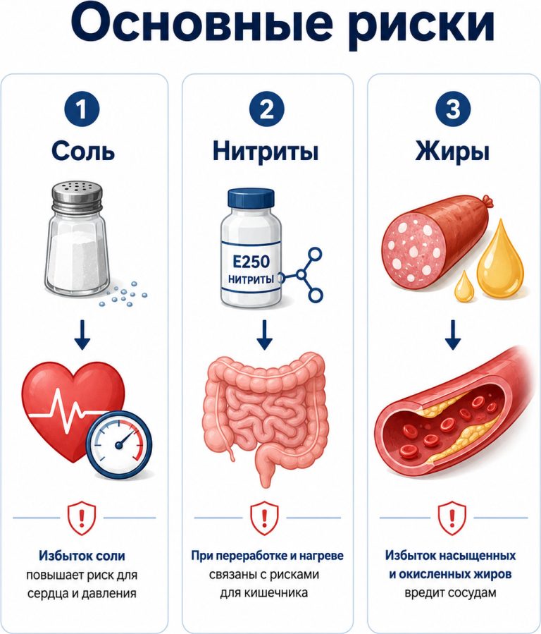 три секции инфографики: соль (сердце), нитриты (кишечник), жиры (сосуды), минималистичный медицинский стиль, русский язык