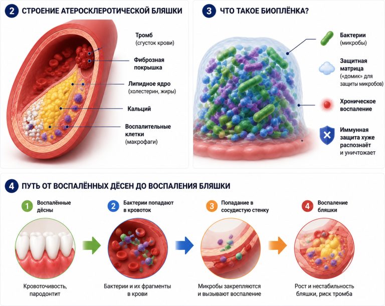 воспалённые дёсны → бактерии/фрагменты бактерий в крови → сосудистая стенка → воспаление бляшки