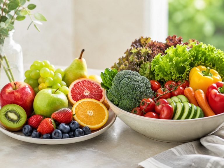 светлая wellness food композиция без текста: тарелка с разными фруктами и рядом большая миска овощей