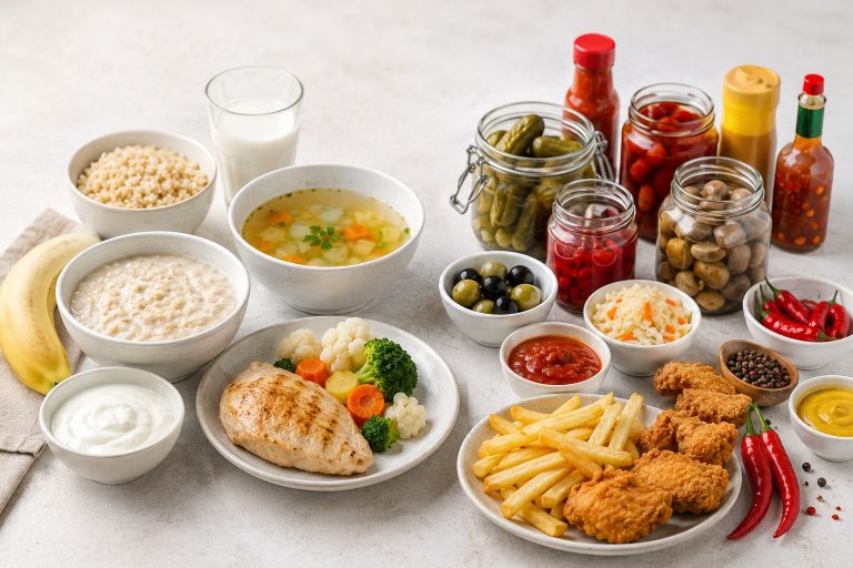на светлом столе две группы продуктов — мягкая домашняя еда для желудка и рядом кислые маринады, острые соусы, маринованные грибы как раздражающие продукты