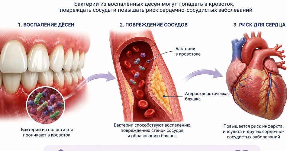 сосуд изнутри, атеросклеротическая бляшка, рядом зубы/дёсны и микробы