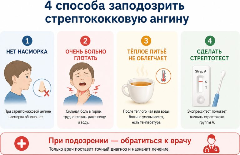 итоговая медицинская памятка, 4 карточки: «нет насморка», «очень больно глотать», «тёплое питьё не облегчает», «сделать стрептотест», внизу подпись: «При подозрении — обратиться к врачу»