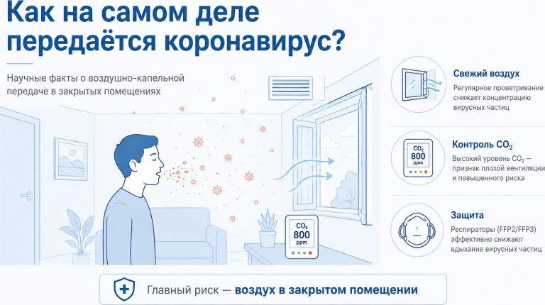 медицинская инфографика, человек в закрытом помещении, вокруг схематично показаны мелкие аэрозольные частицы в воздухе, открытая форточка, CO₂-датчик, респиратор, чистый минимализм, светлый фон, русский язык, заголовок: «Как на самом деле передаётся коронавирус?