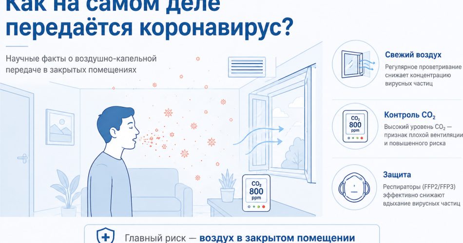 медицинская инфографика, человек в закрытом помещении, вокруг схематично показаны мелкие аэрозольные частицы в воздухе, открытая форточка, CO₂-датчик, респиратор, чистый минимализм, светлый фон, русский язык, заголовок: «Как на самом деле передаётся коронавирус?