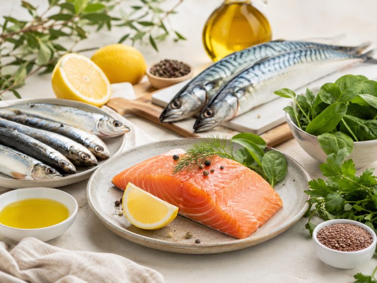 аппетитный кусок лосося на тарелке, рядом сардины, скумбрия, зелень, лимон, оливковое масло