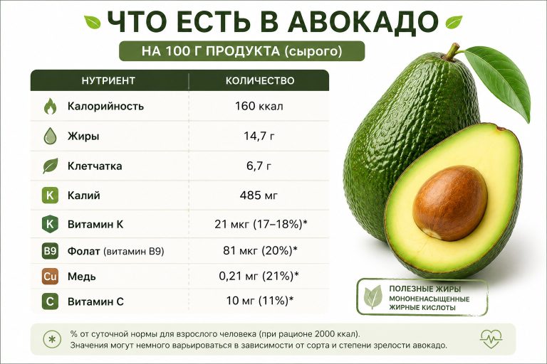 «Что есть в авокадо на 100 г», аккуратные строки: калории 160, жиры 14,7 г, клетчатка 6,7 г, калий 485 мг, витамин K, фолат, медь, витамин C
