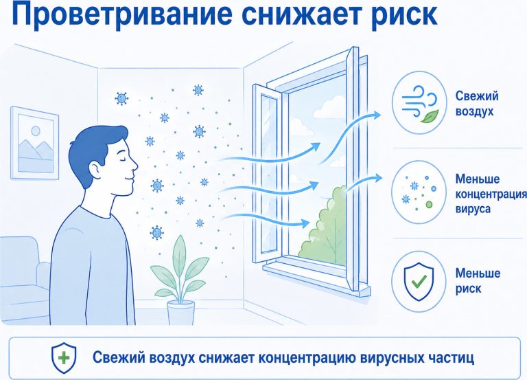 медицинская инфографика, комната с открытым окном, стрелки свежего воздуха, частицы вируса становятся реже, рядом человек у окна, подписи: «Свежий воздух», «Меньше концентрация вируса», «Меньше риск»