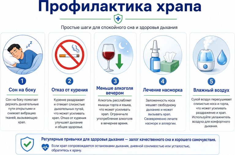 «Профилактика храпа», пять карточек: сон на боку, отказ от курения, меньше алкоголя вечером, лечение насморка, влажный воздух