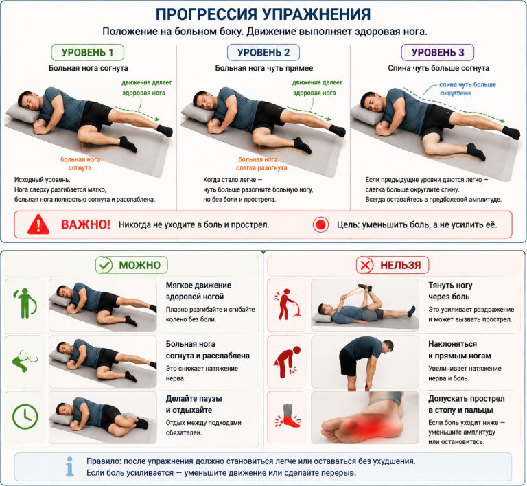 можно — мягкое движение, согнутая больная нога, отдых; нельзя — тянуть через боль,

      наклон к прямым ногам, прострел в стопу.