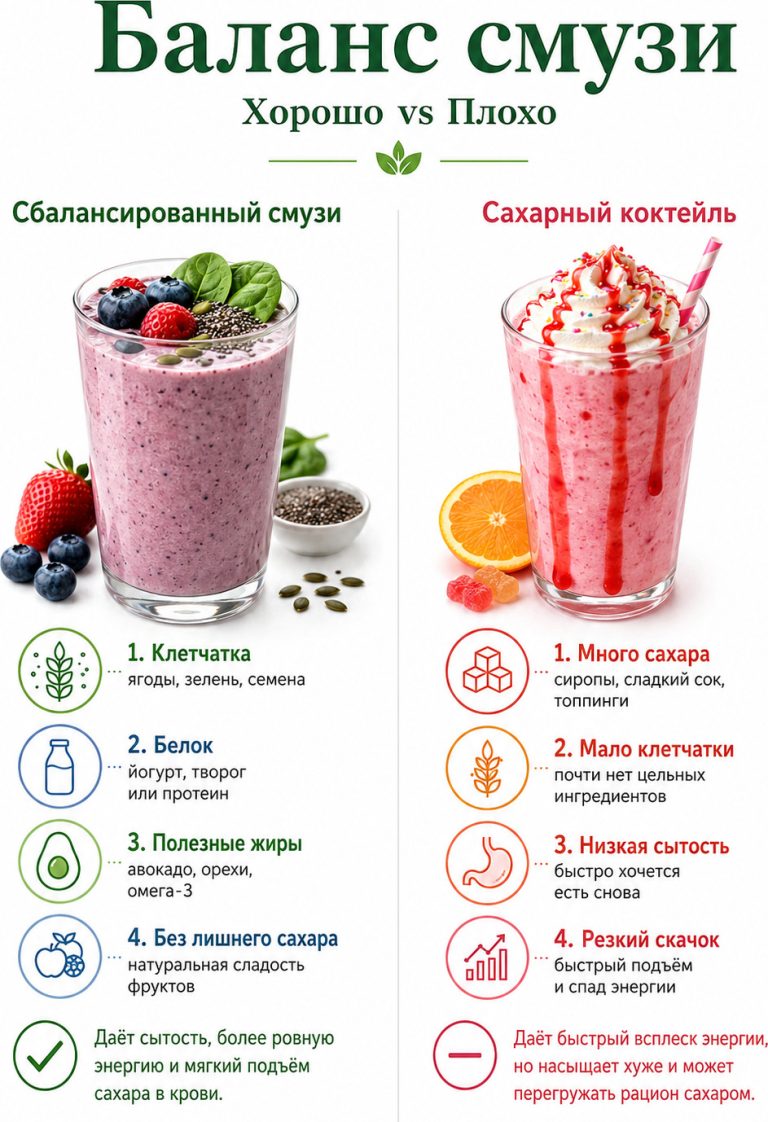 инфографика разделённого экрана, слева сбалансированный смузи, справа сахарный коктейль, сравнение состава, минимализм, русский язык