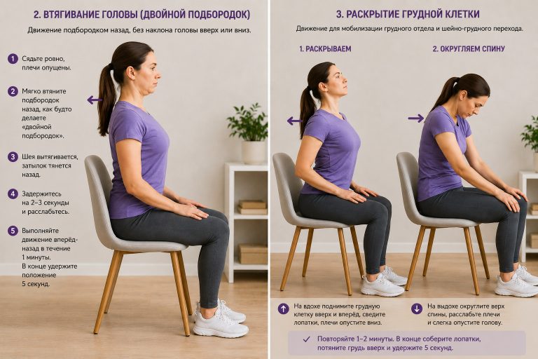 сидя на стуле, раскрытие грудной клетки, лопатки назад, затем мягкое округление спины