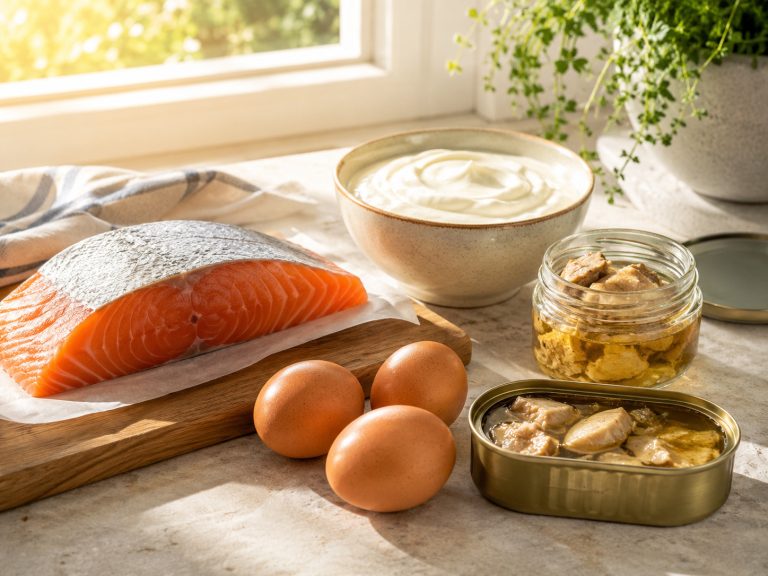 продукты с витамином D, жирная рыба, яйца, печень трески, обогащенный йогурт, рядом солнечный свет из окна