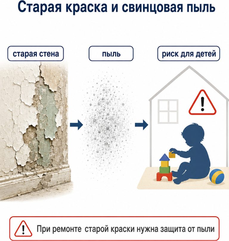 старая стена → пыль → предупреждение, детская зона риска, медицинская инфографика