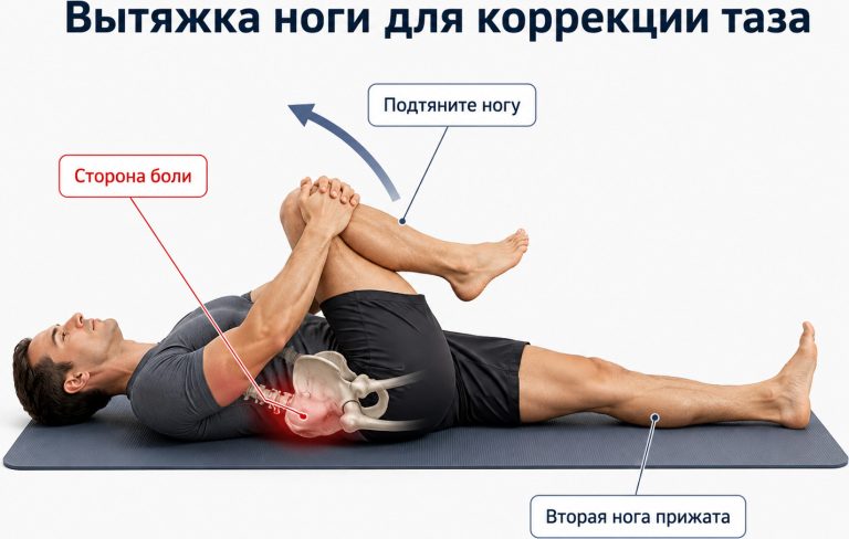 демонстрация вытяжки ноги для коррекции таза, пометка стороны боли
