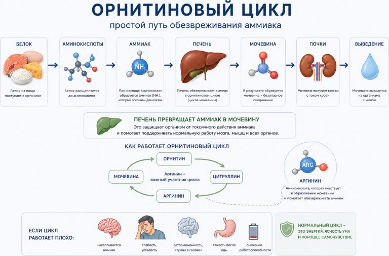 медицинская инфографика, схема: белок → аминокислоты → аммиак → печень →
мочевина → почки → выведение, отдельная иконка аргинина как участника цикла,
подпись: «Печень превращает аммиак в мочевину»