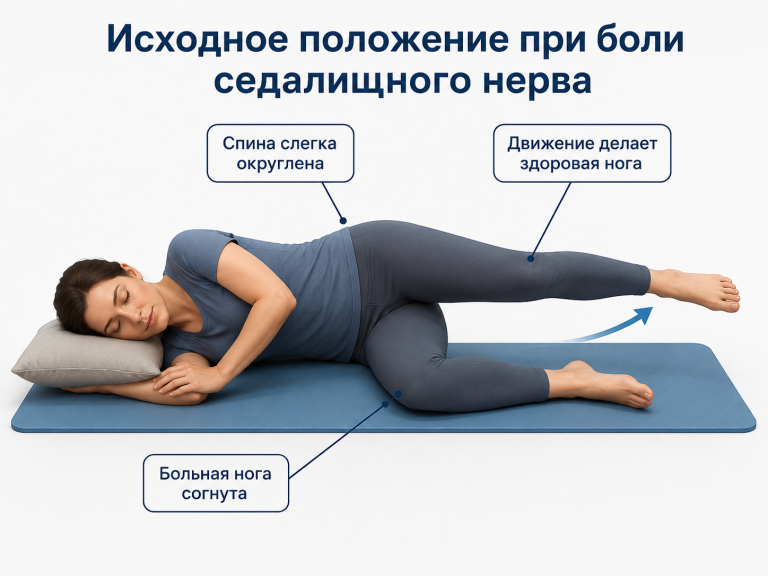 человек лежит на больном боку, больная нижняя нога согнута,

      спина слегка округлена, верхняя здоровая нога готова к движению.