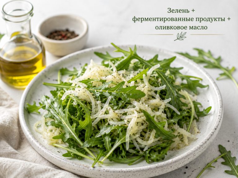 салат из рукколы, квашеной капусты и оливкового масла
